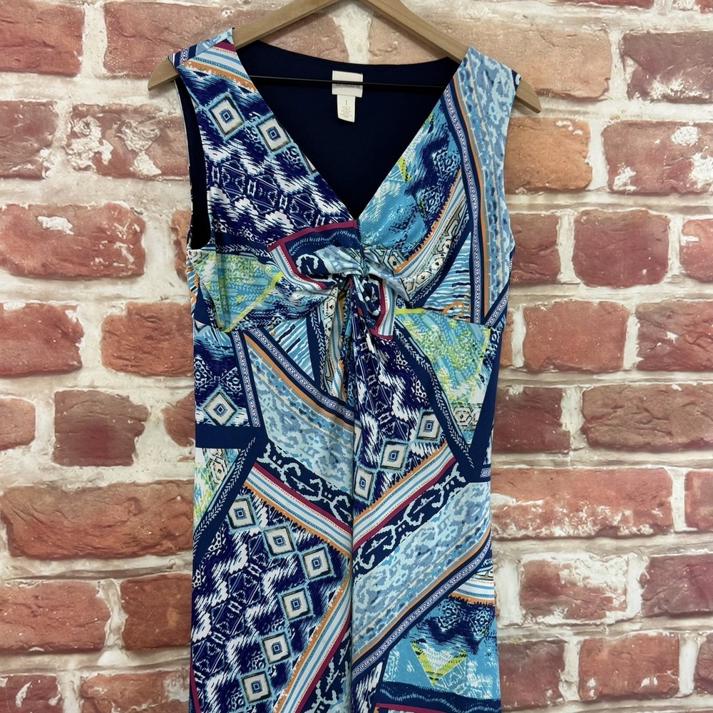 Chicos Maxi Dress Womens M Multicolor Boho Abstract Stretchy Twist Neck Sundress - Picture 3 of 9